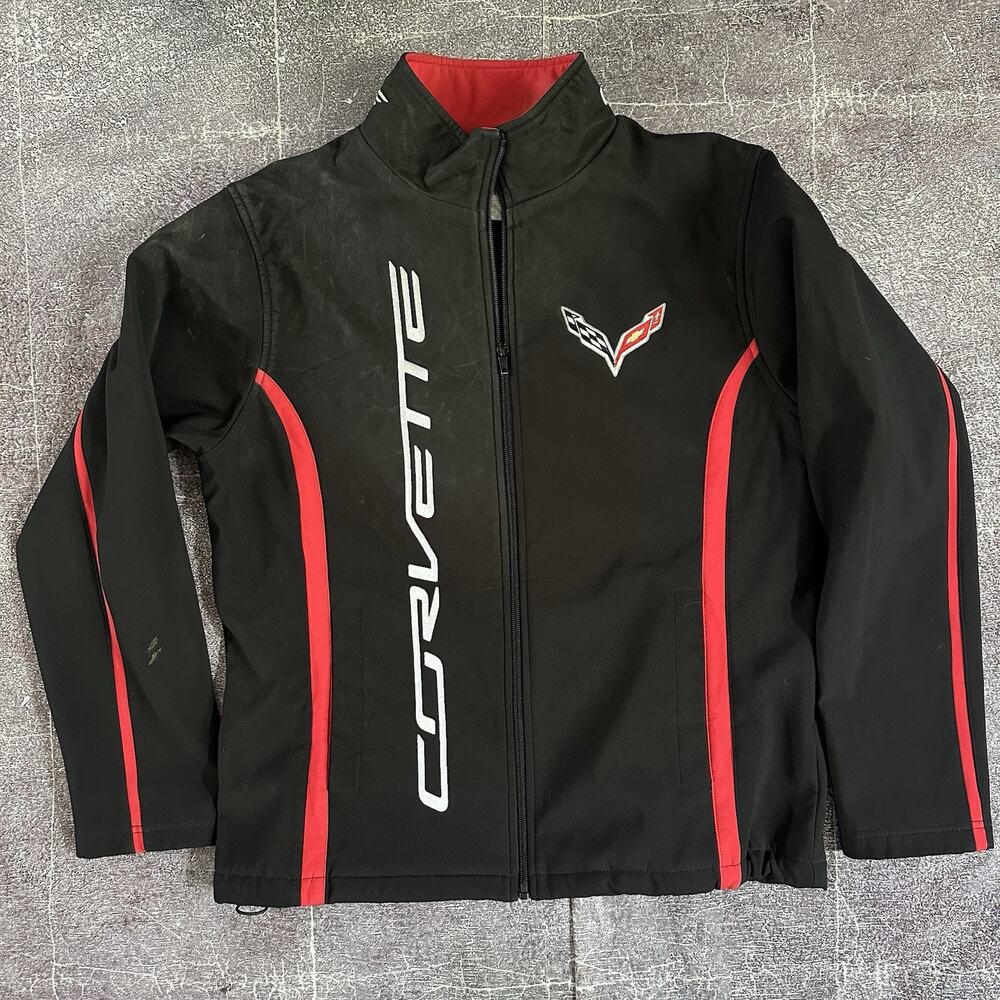 Mens GM Calhoun Chevrolet Corvette Black Soft Shell Spell Out Racing Jacket Sz M